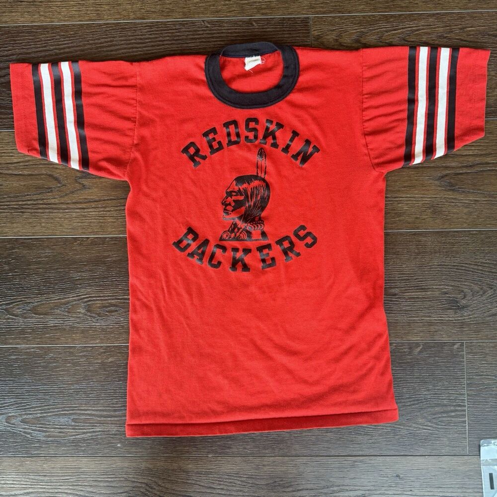 Vintage 70s Velva Sheen REDSKIN BACKERS Ringer Tee T-Shirt Striped Sleeve Sz M